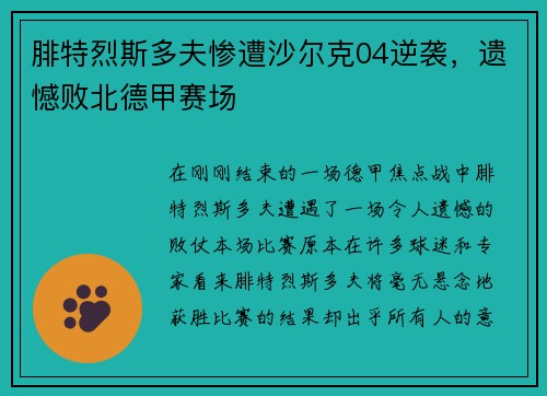 腓特烈斯多夫惨遭沙尔克04逆袭，遗憾败北德甲赛场