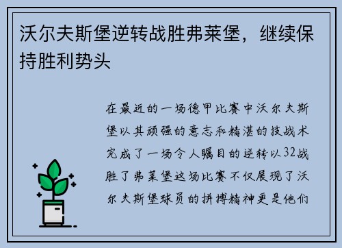 沃尔夫斯堡逆转战胜弗莱堡，继续保持胜利势头